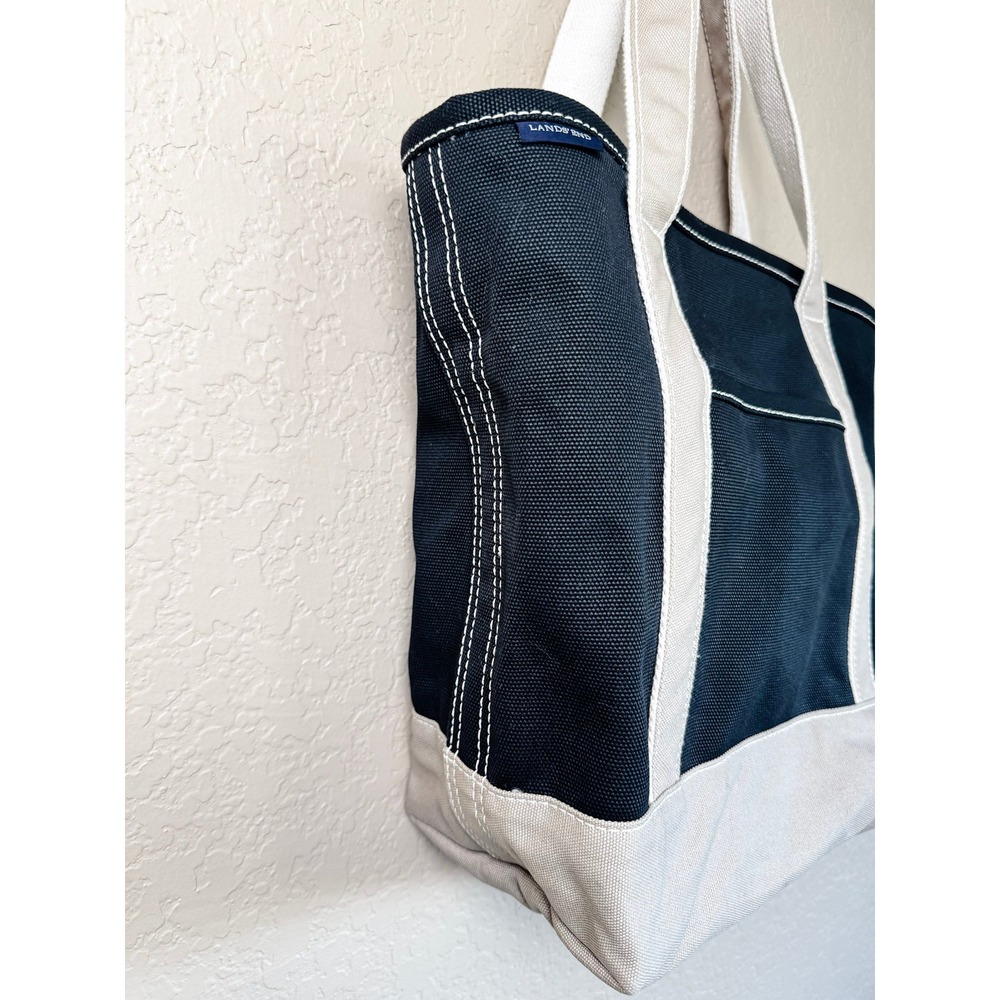 Lands' End Zip Top Boat Tote Canvas Black Natural Large Travel Work Beach Bag - Picture 9 of 15